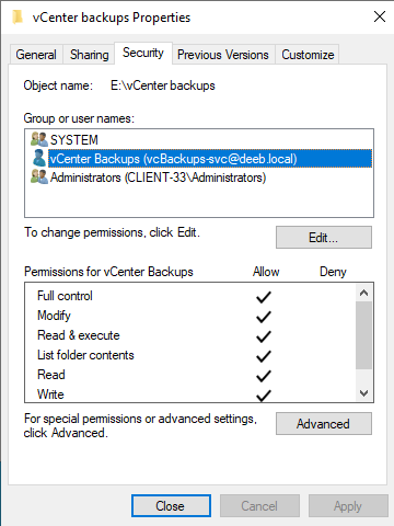 Security tab of vCenter backups folder