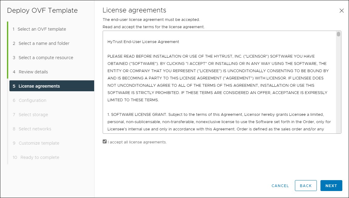 License Agreement step