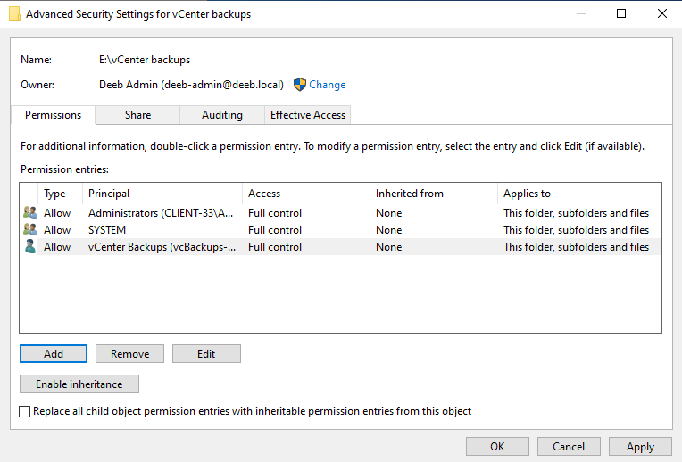 Advanced Security Settings window