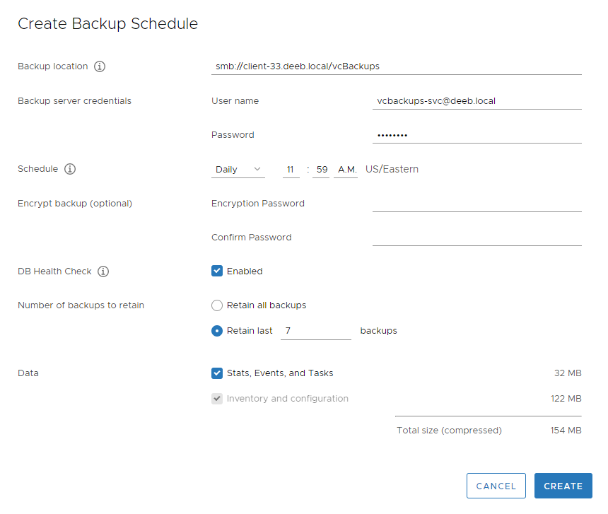 Create Backup Schedule window