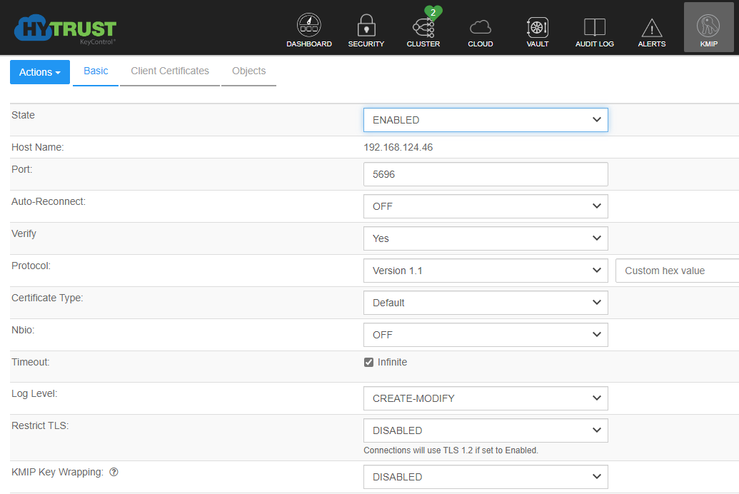 KMIP Server settings screen