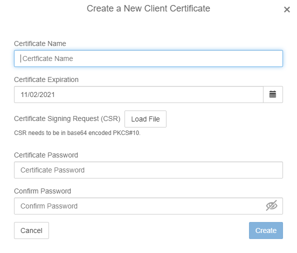 Create New Client Certificate screen