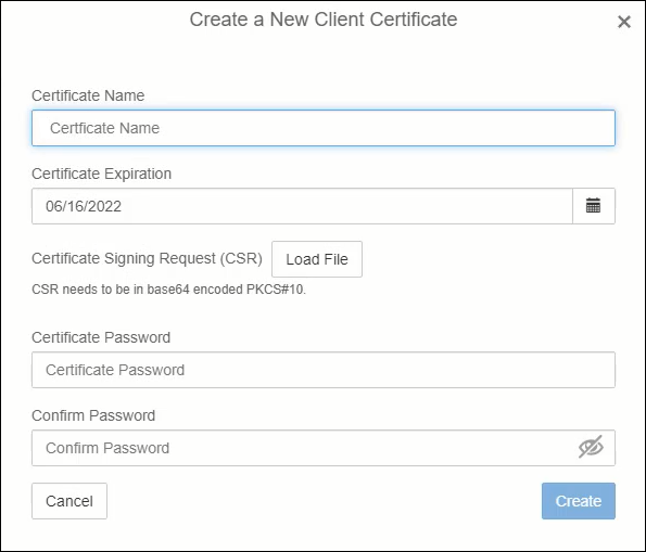 Create New Client Certificate screen