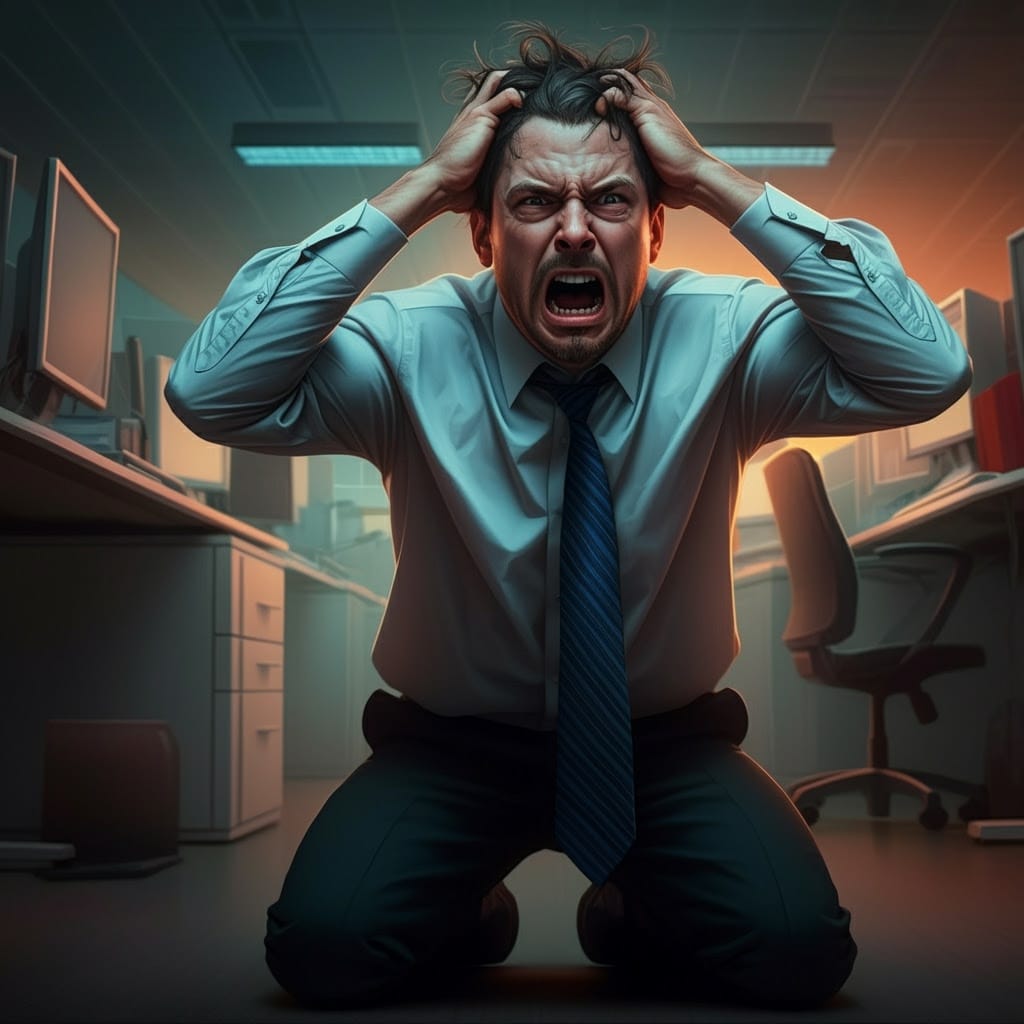 A frustrated IT guy kneeling on both knees in his office