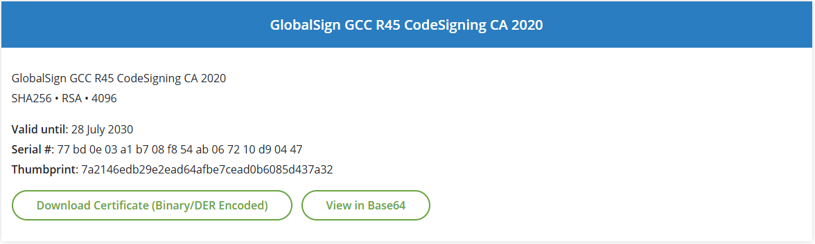 Details tab which shows the GlobalSign Code Signing Root certificate