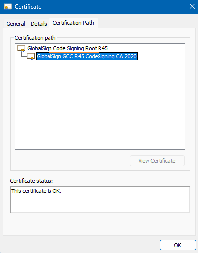 Details tab which shows the GlobalSign Code Signing Intermediate certificate
