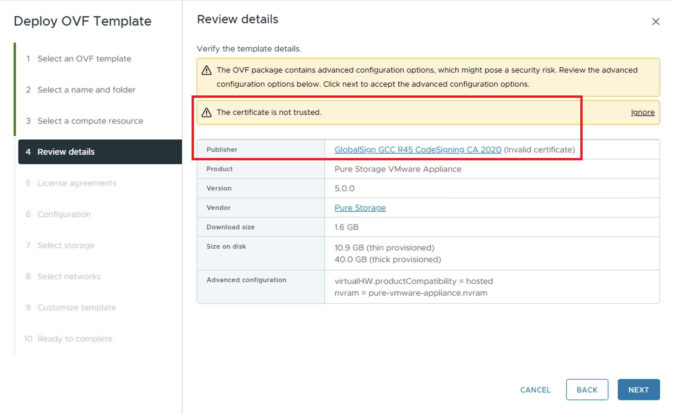 Invalid certificate for the OVA being deployed