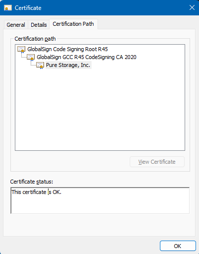 Certification Path tab which shows the Certificate chain for the signed Pure OVA
