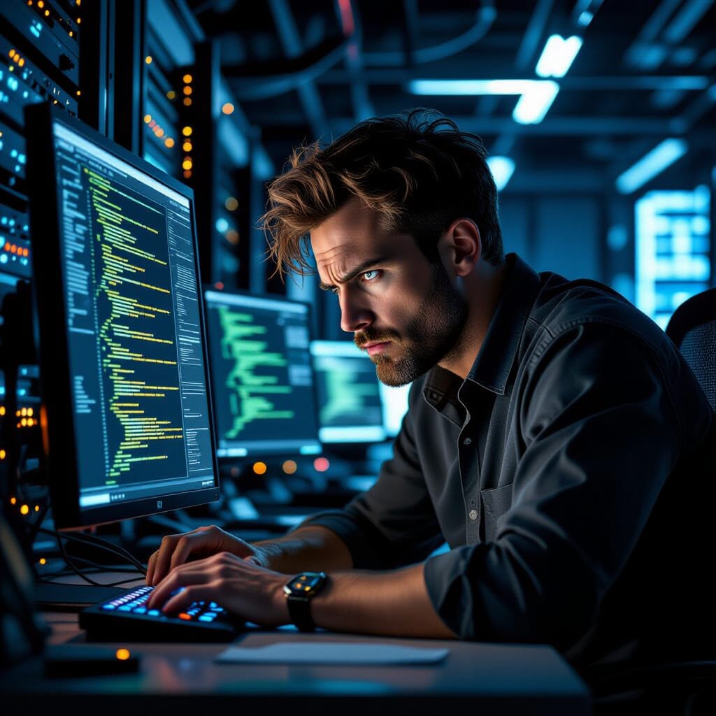 An IT guy suspiciously staring at a computer screen
