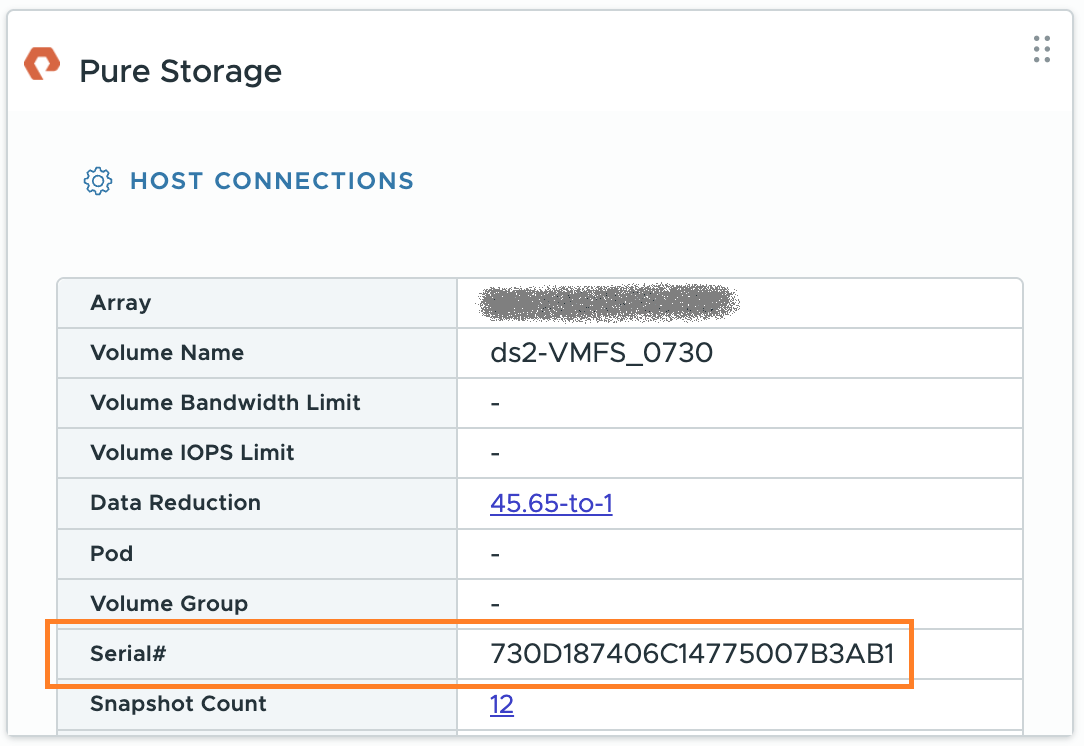 An image showing the NAA ID for a datastore in the Pure Storage Plugin widget in vCenter