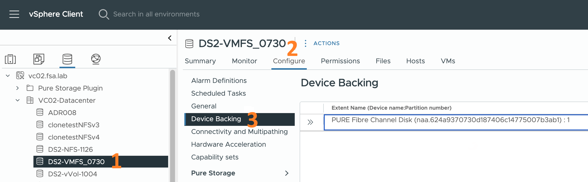 An image showing the NAA ID for a datastore in vCenter