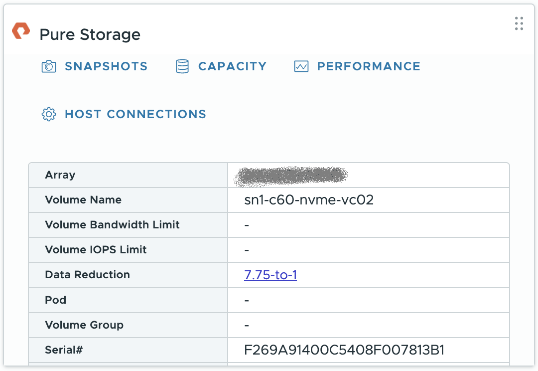 An image showing the EUI ID for a datastore in the Pure Storage Plugin widget in vCenter