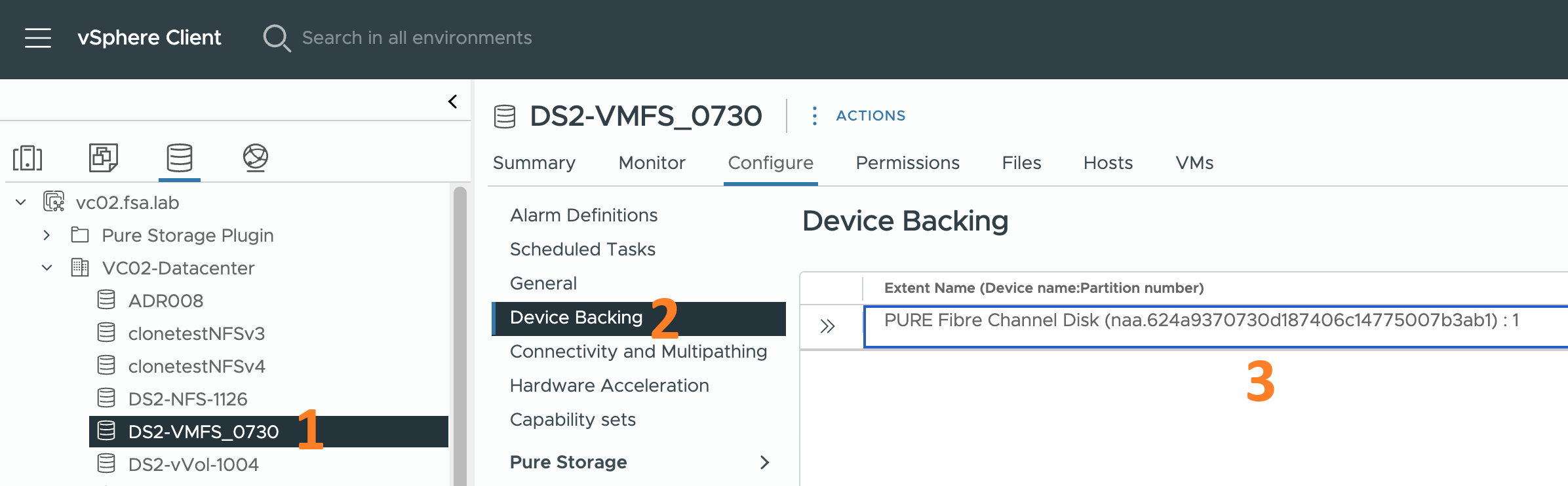 NAA ID for a Pure Storage-backed datastore